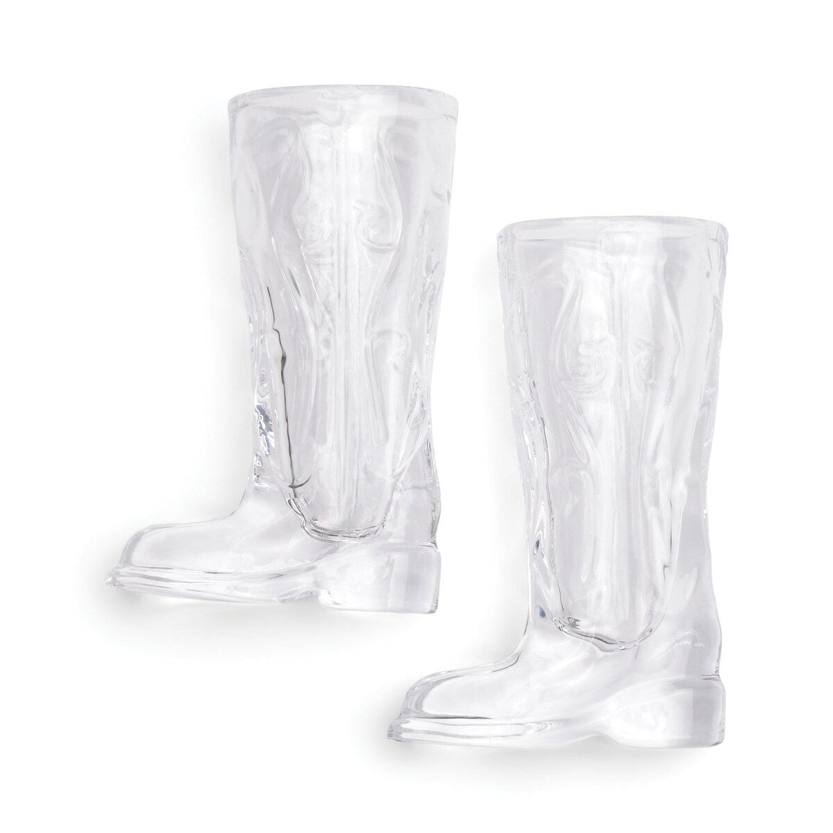 Two clear glass shot glasses shaped like cowboy boots