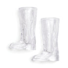 Two clear glass shot glasses shaped like cowboy boots