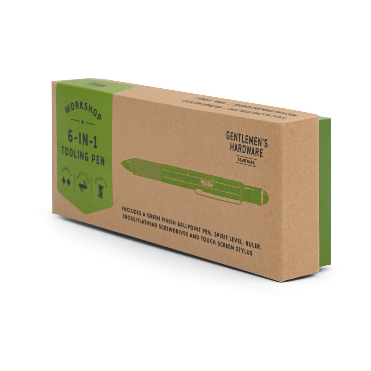The 6-in-1 Tooling Pen box seen at an angle, kraft with a green end panel