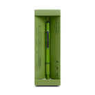 Olive green tooling pen in its open box tray, with the functions drawn inside the lid