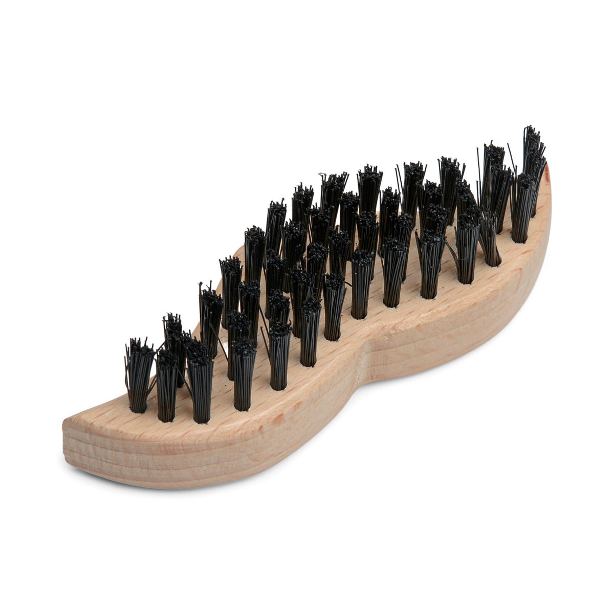 Moustache-shaped wooden beard brush with short black bristles, seen from the side