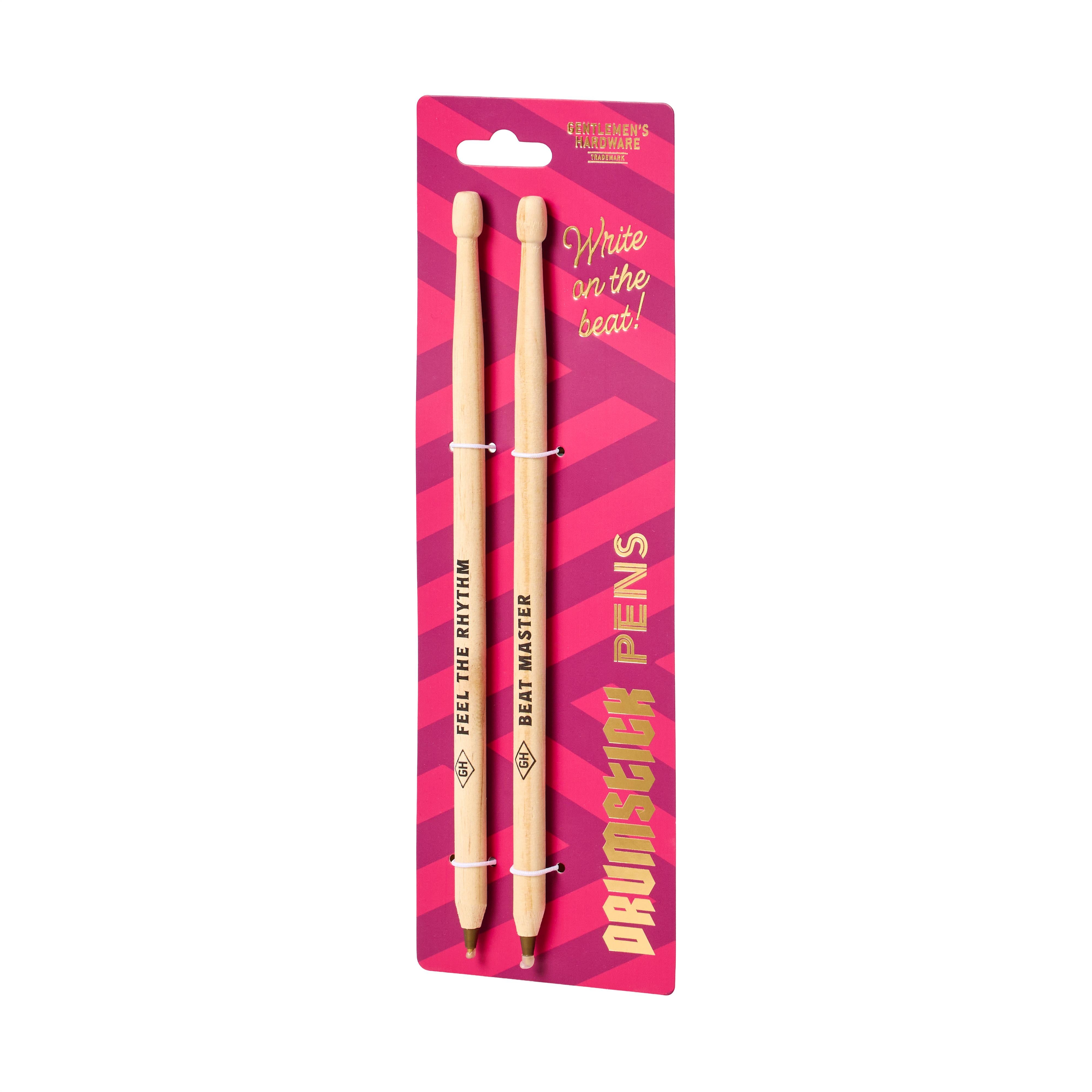 Front of the Drumstick Pens pack with the pens engraved Feel The Rhythm and Beat Master