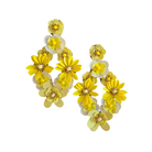 Pair of long drop earrings made of clustered yellow and pale lemon flowers with small beaded centres.