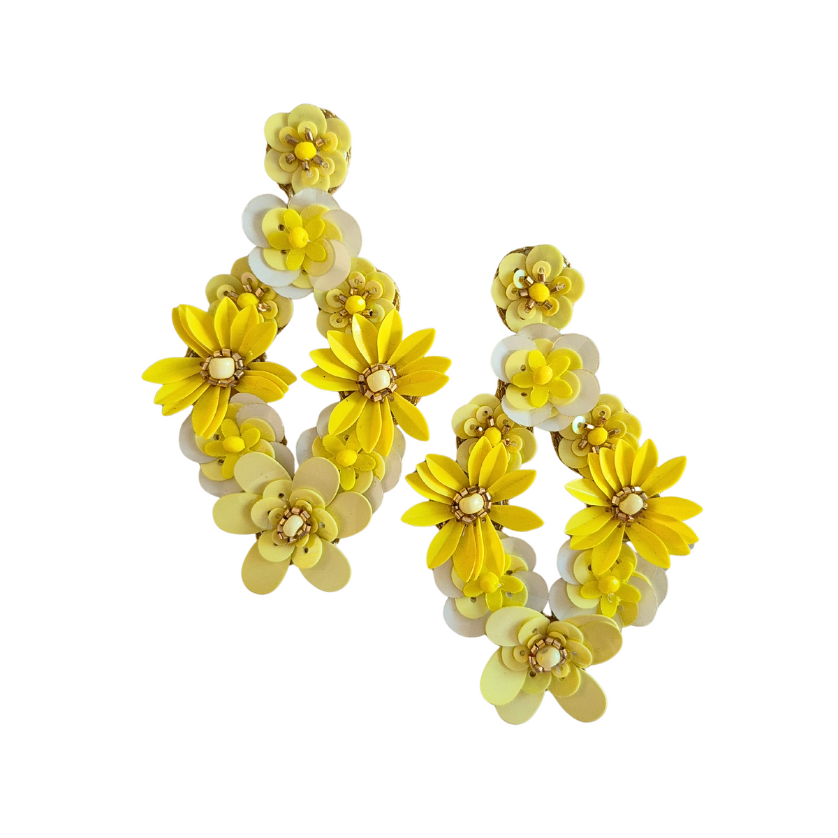 Pair of long drop earrings made of clustered yellow and pale lemon flowers with small beaded centres.