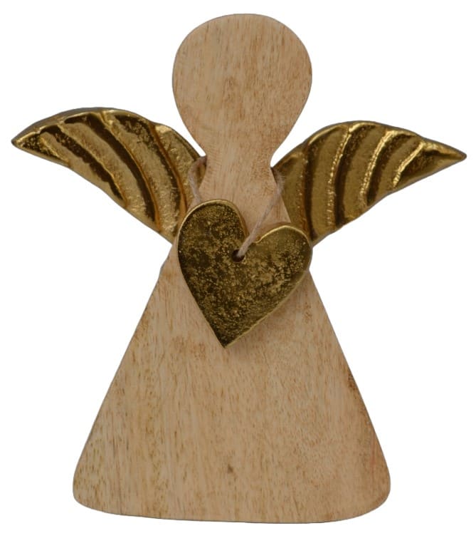 Gaberial angel decoration in mango wood with ribbed gold metal wings and heart, front view