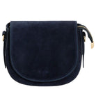 Navy suede Gabrielle saddle bag with a rounded flap, contrast stitching and gold-tone zip