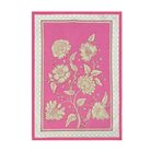 Geobloom tea towel with cream roses on a pink panel and geometric border