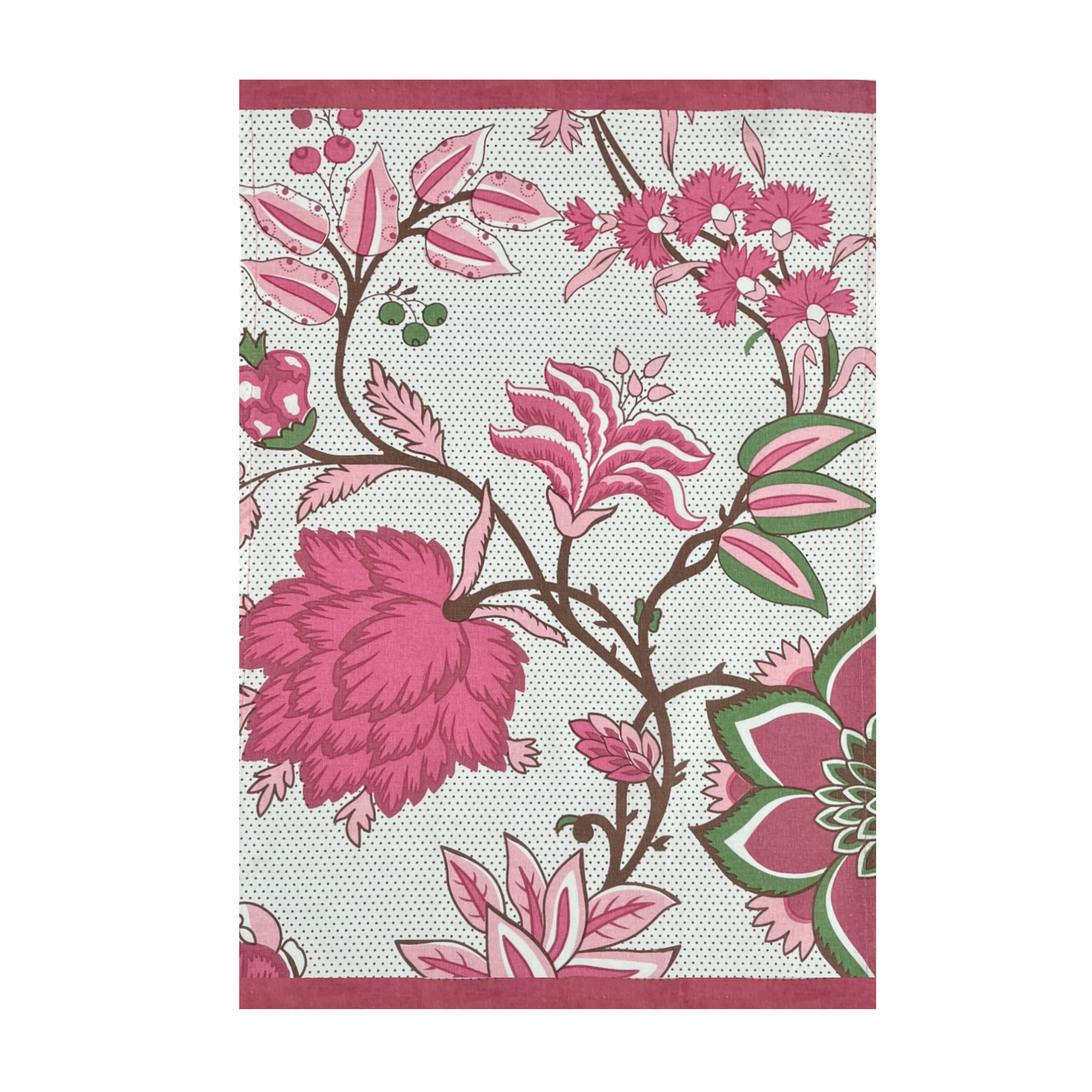 Geobloom tea towel in a pink and green trailing floral print on white dot ground