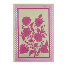 Geobloom tea towel with pink blooms on a soft yellow ground and lattice border