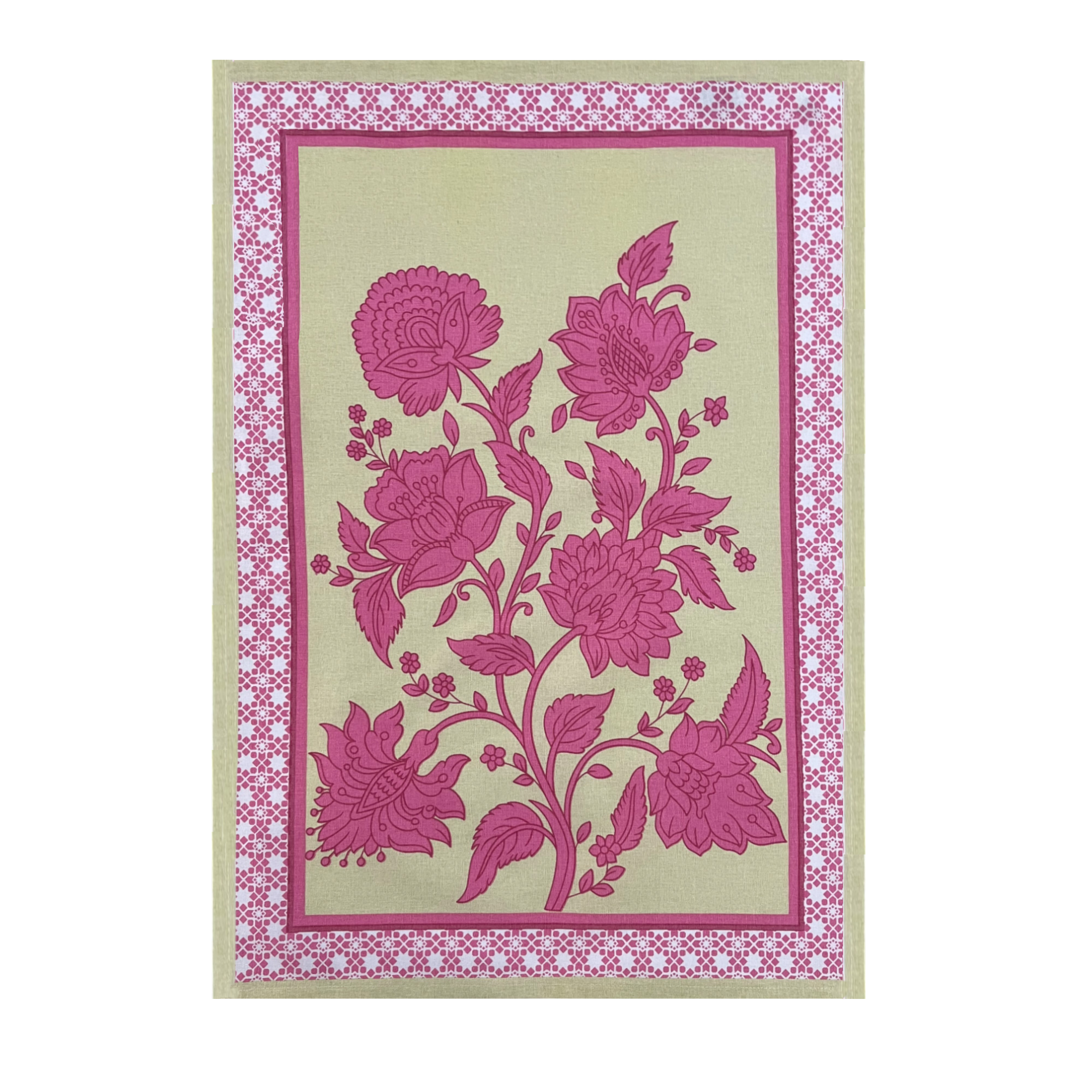 Geobloom tea towel with pink blooms on a soft yellow ground and lattice border