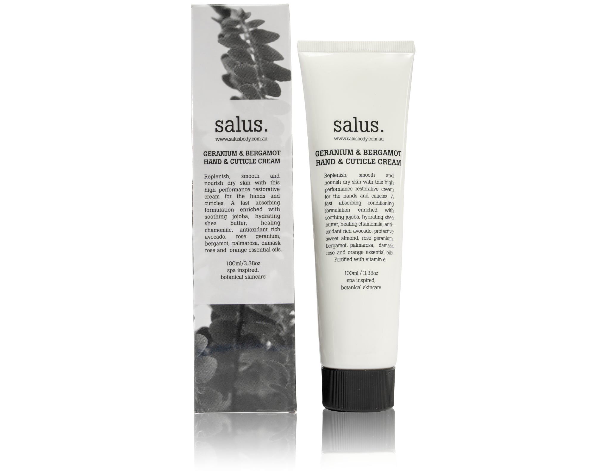Salus Geranium & Bergamot Hand & Cuticle Cream tube beside its eucalyptus leaf gift box