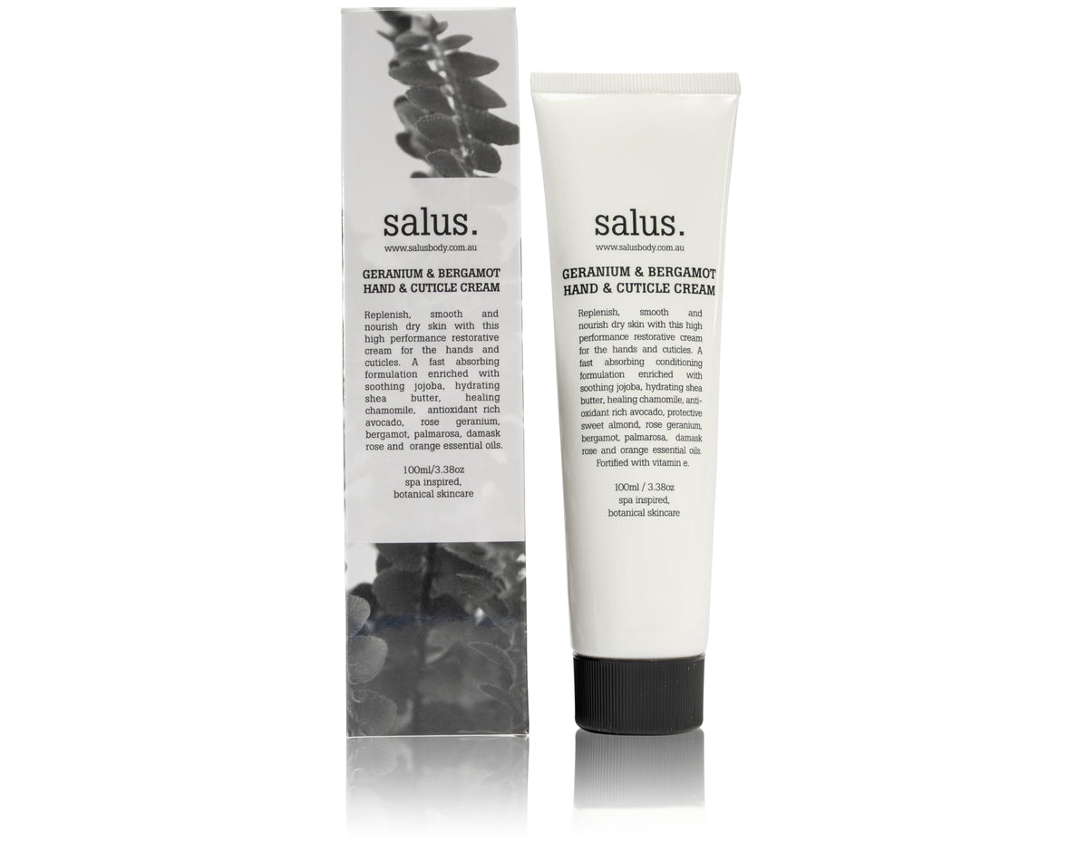 Salus Geranium & Bergamot Hand & Cuticle Cream tube beside its eucalyptus leaf gift box