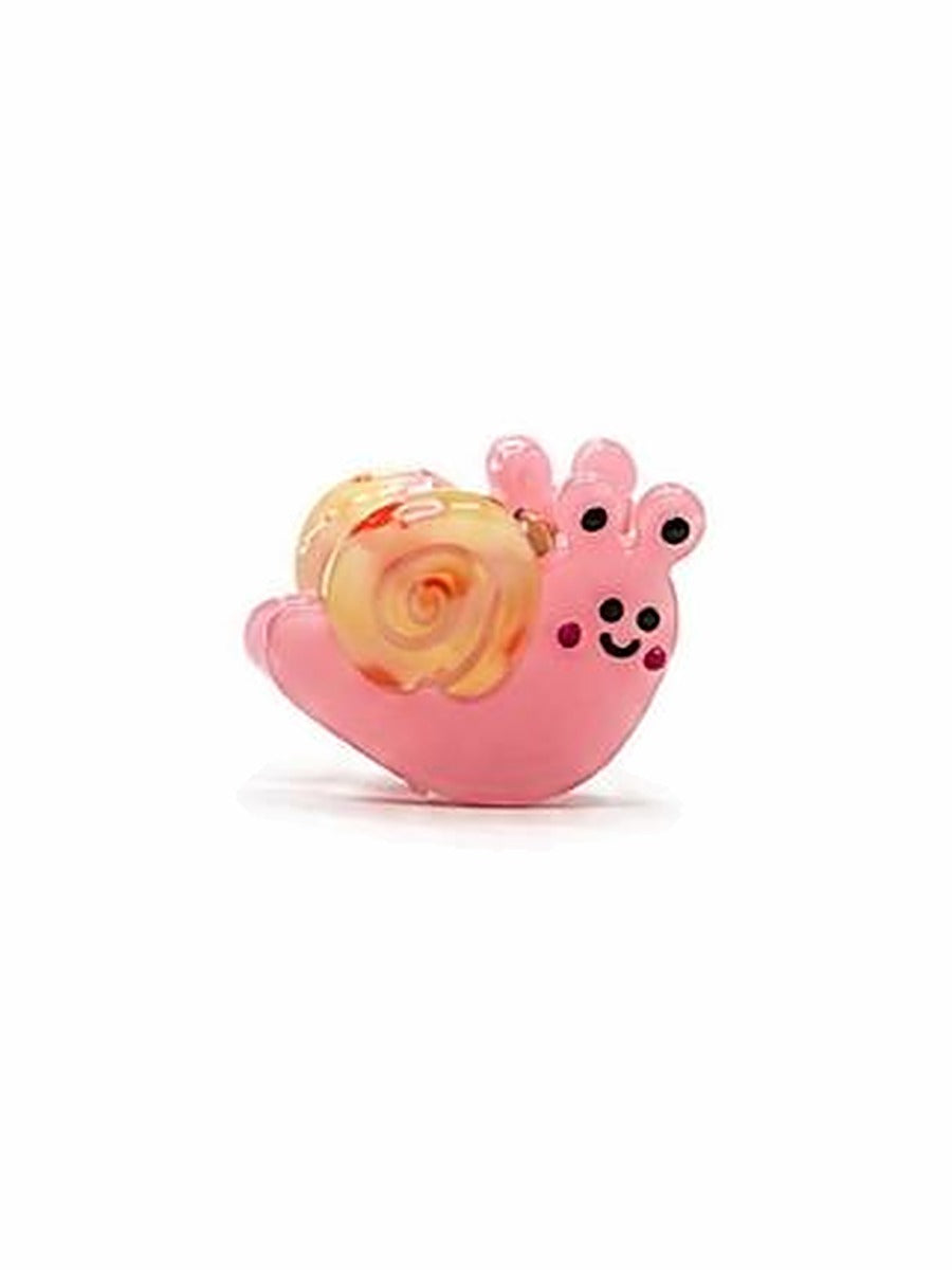 Pink mini snail hair clip with a peach and orange swirl shell