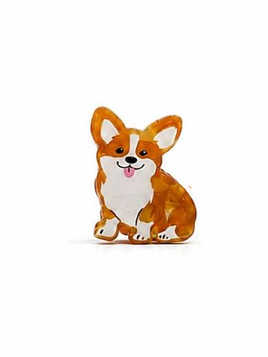 Corgi mini hair clip: a caramel and white corgi with its tongue out