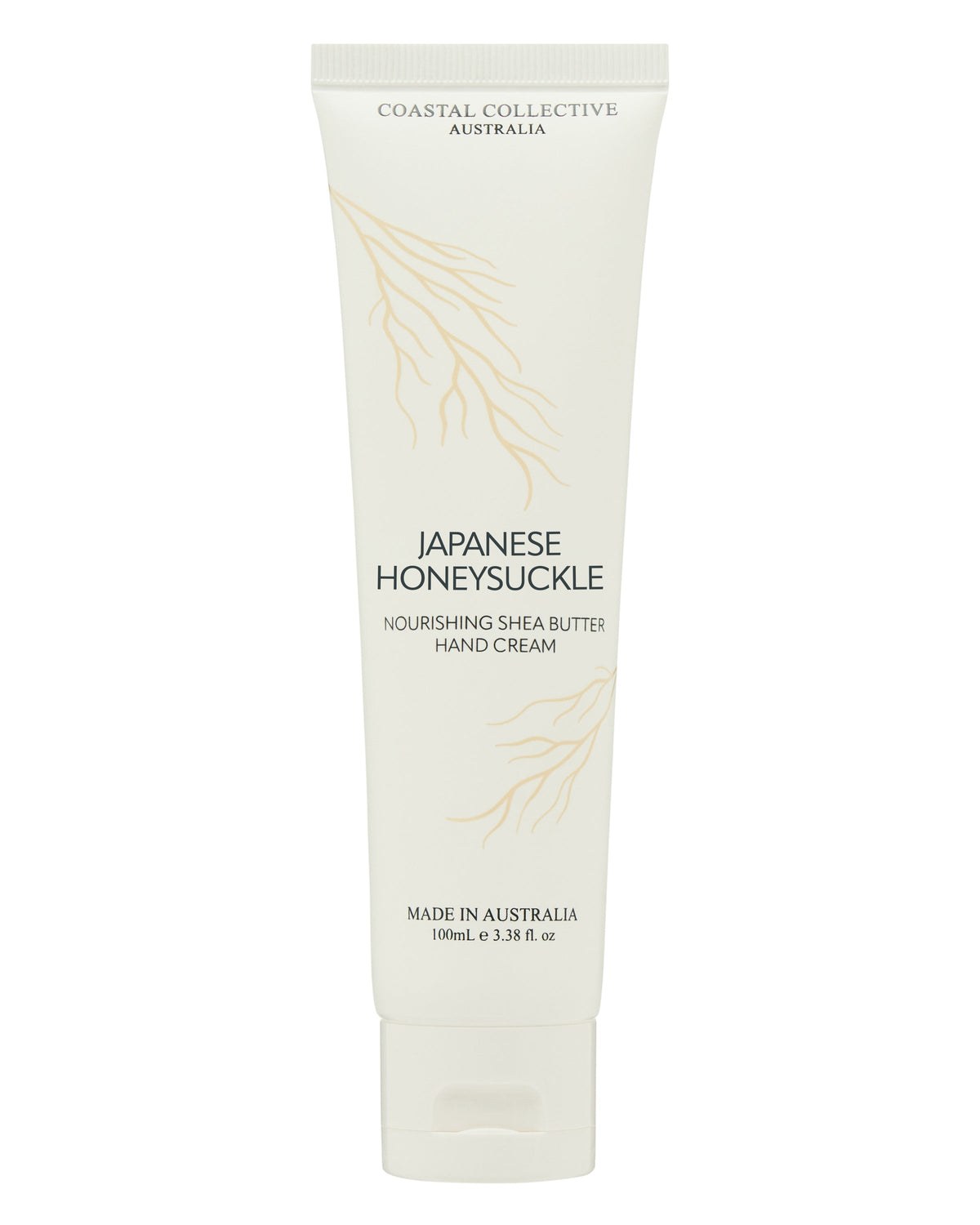 Japanese Honeysuckle hand cream tube on its own, cream coloured with a pale gold sprig and Made in Australia at the foot.