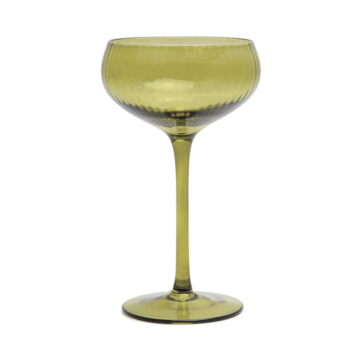 Olive green coupe glass with a finely ribbed bowl and a tall, slim stem.