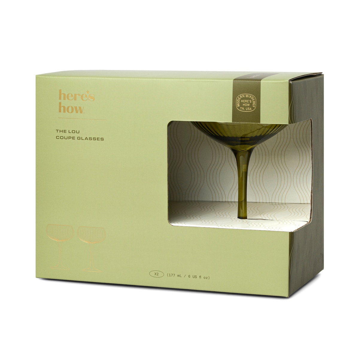 Pale green Here's How box for The Lou coupe glasses, an olive glass visible through the cut-out window.