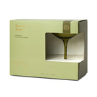 Pale green Here's How box for The Lou coupe glasses, an olive glass visible through the cut-out window.