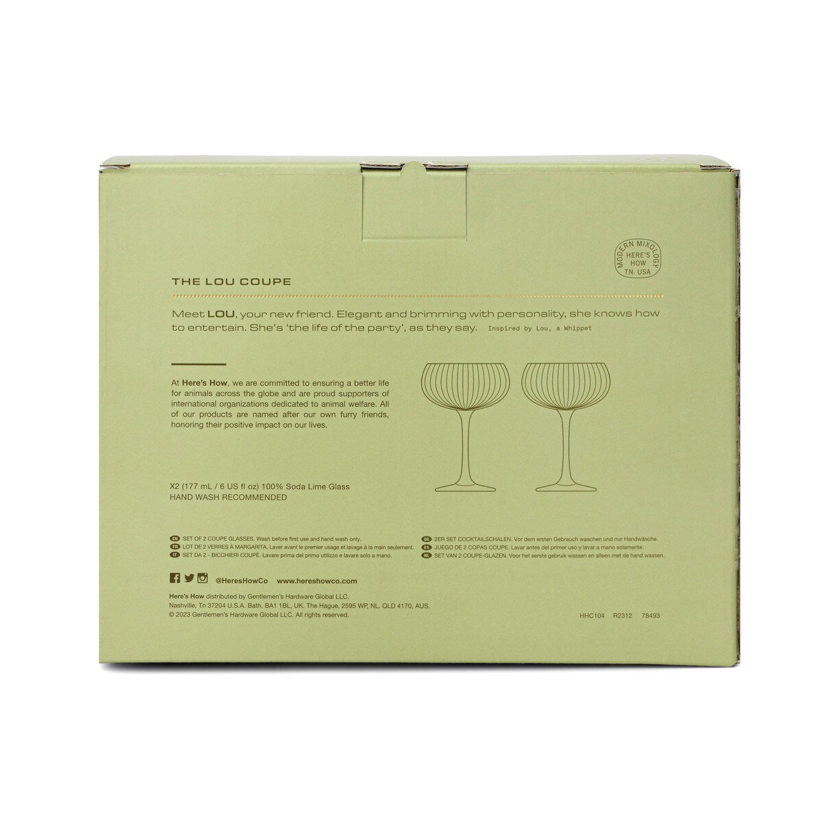 Back of the box with the Lou story, capacity and care notes, and a drawing of two coupes.