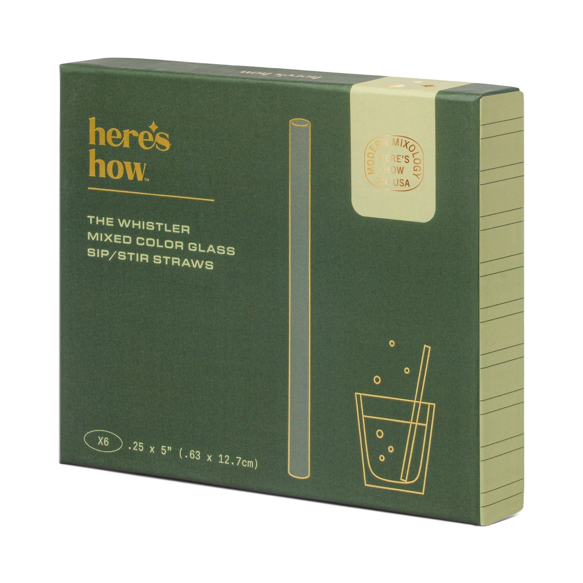 Dark green Here's How box for The Whistler mixed colour glass sip and stir straws.