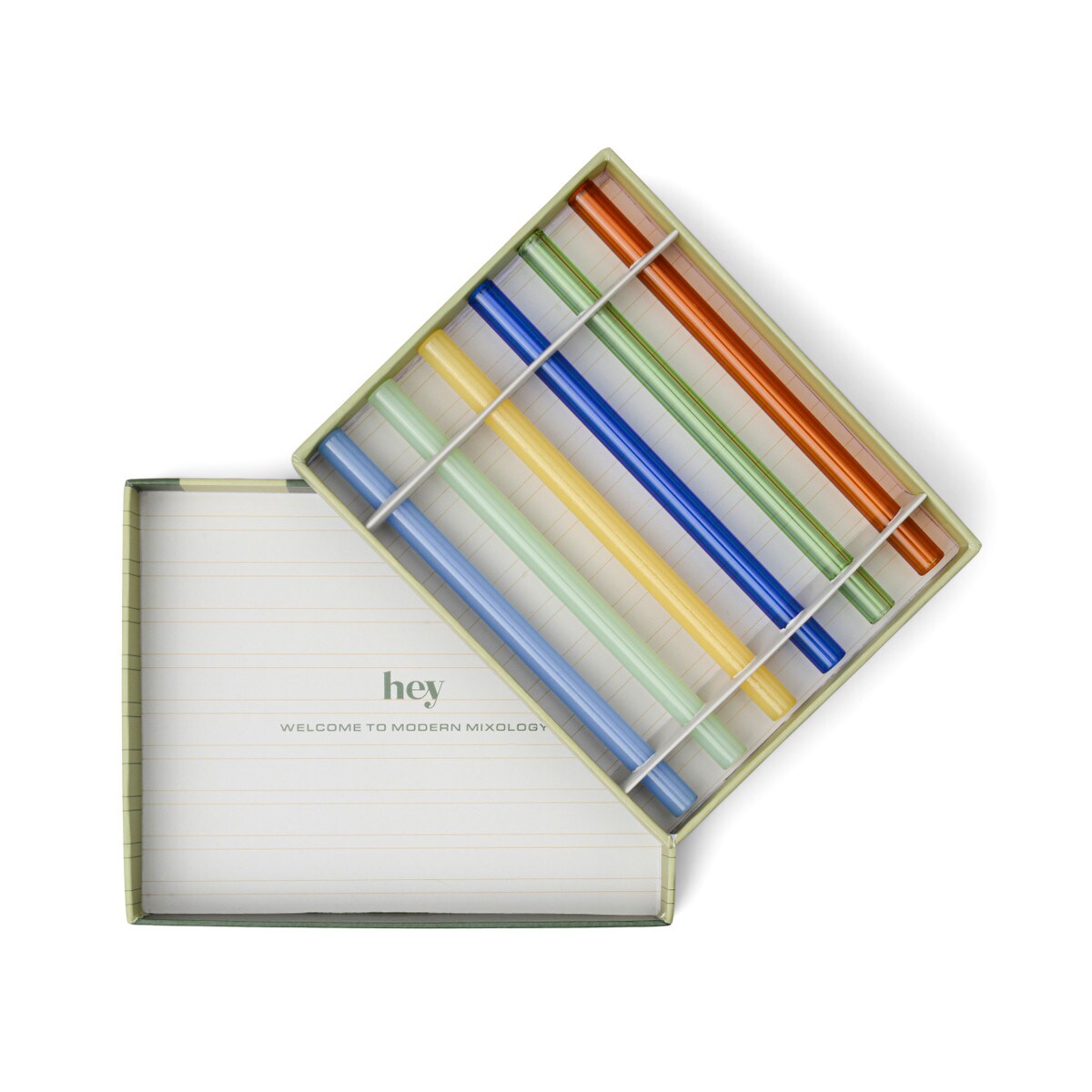 Open box with the coloured straws in a divided tray beside a lid printed hey, welcome to modern mixology.