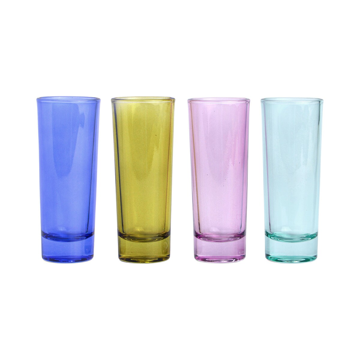 Four tall shot glasses in cobalt blue, olive, pink and pale aqua glass.