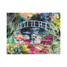 Painting of a pale arched footbridge over a dark lily pond framed by pink, magenta and yellow blooms