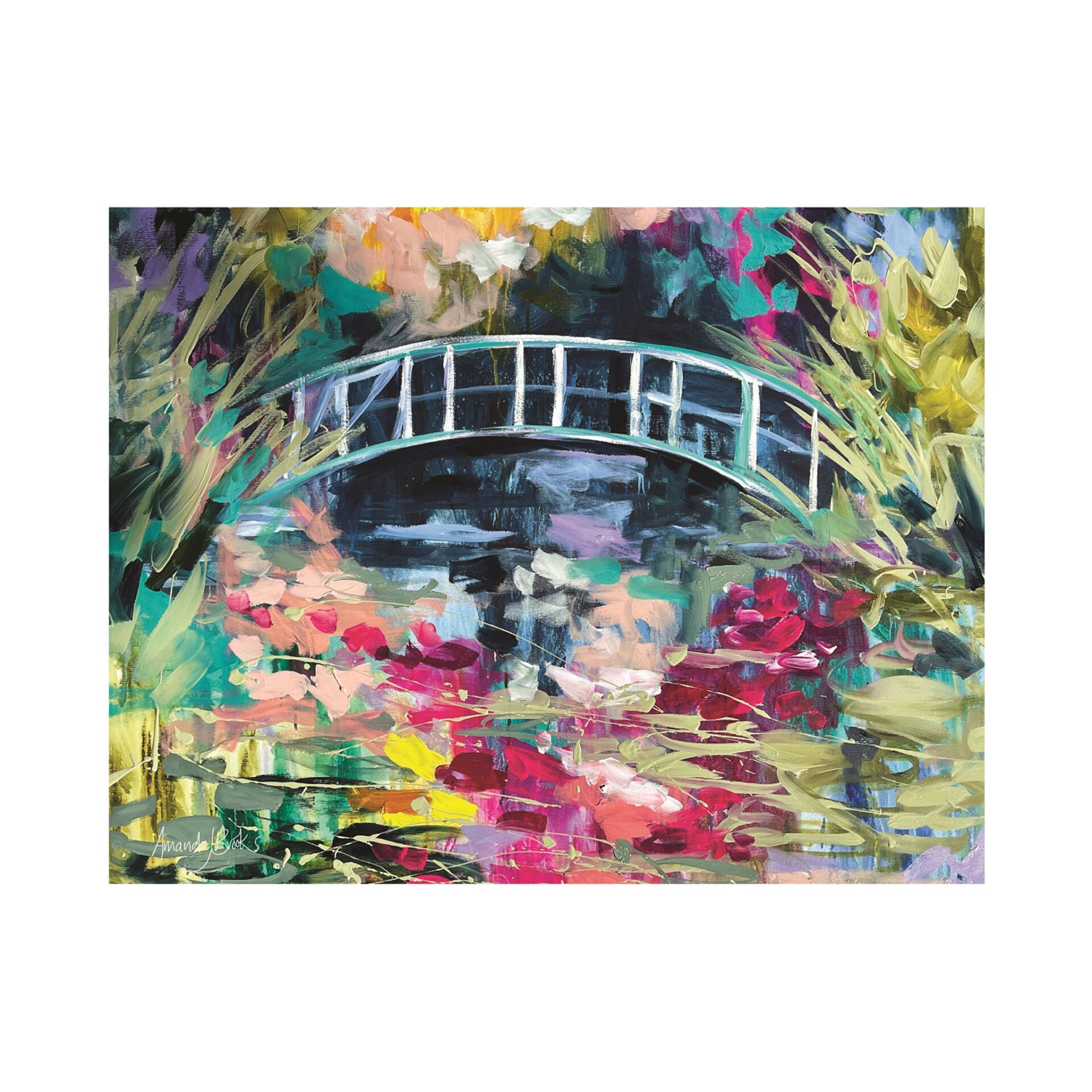 Painting of a pale arched footbridge over a dark lily pond framed by pink, magenta and yellow blooms