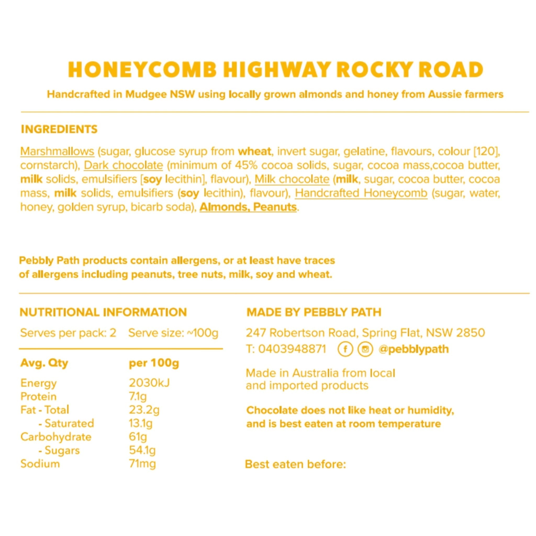Back-of-box panel for Honeycomb Highway rocky road: ingredients, allergens and nutrition information