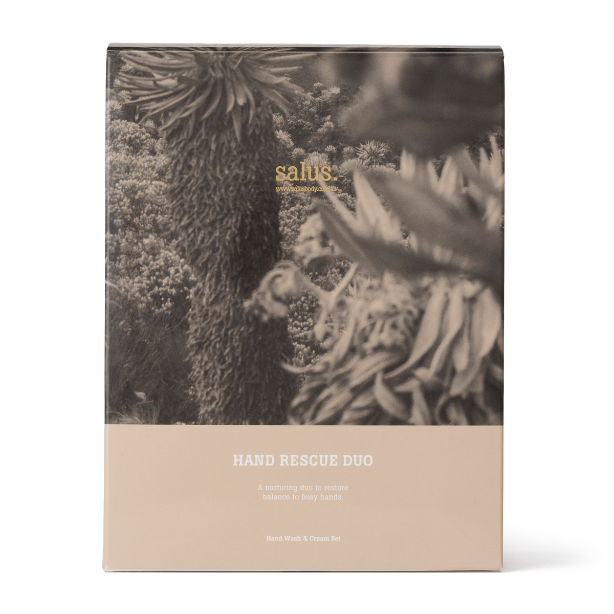 Salus Hand Rescue Duo gift box with a sepia botanical photograph above a sand-coloured panel labelled Hand Wash & Cream Set