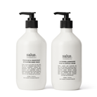 The two 500ml white pump bottles inside: Salus Tuberose & Grapefruit Hydrating Hand Wash and Lavender & Mandarin Hand & Cuticle Cream