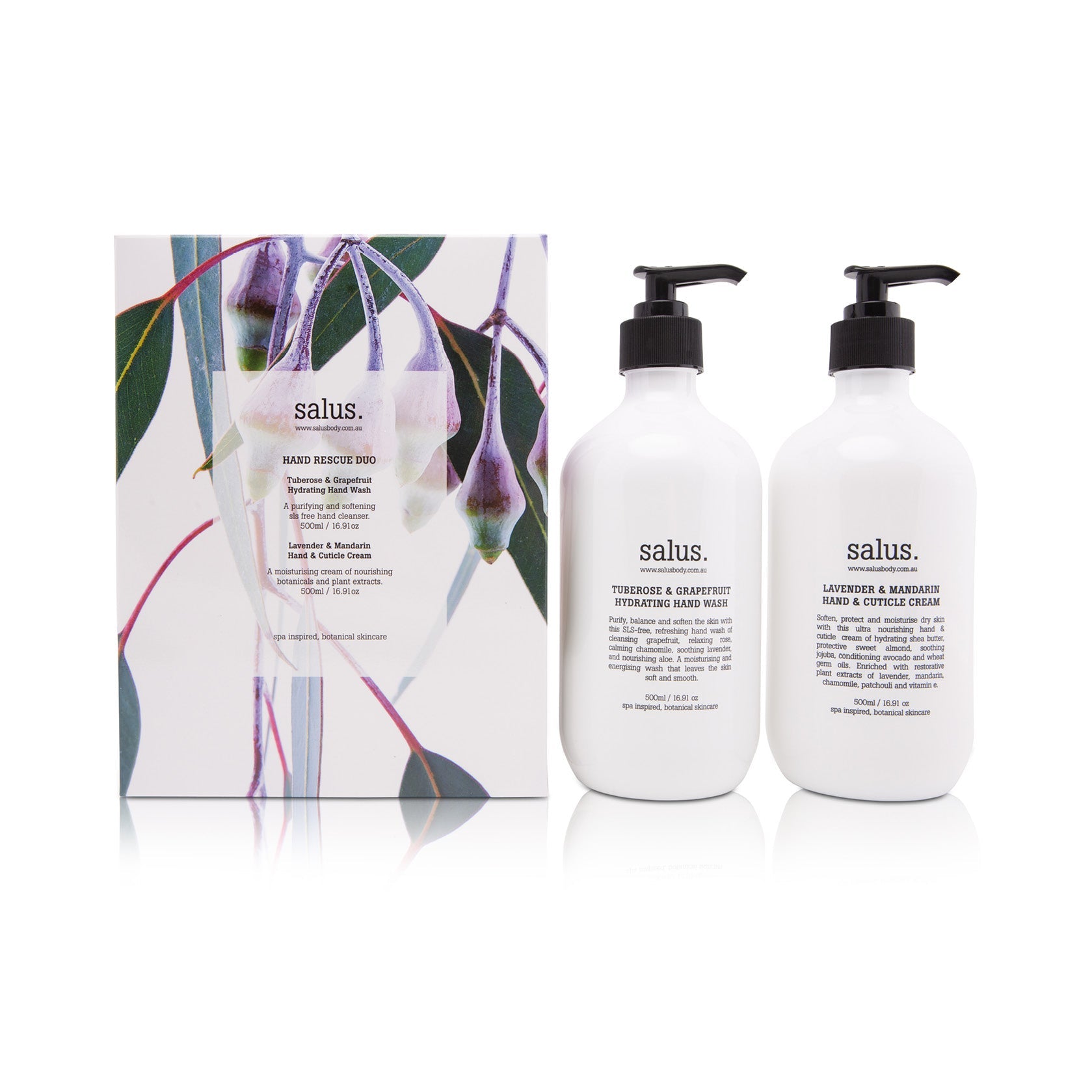 Salus Hand Rescue Duo gift box with hydrating hand wash and hand & cuticle cream pump bottles