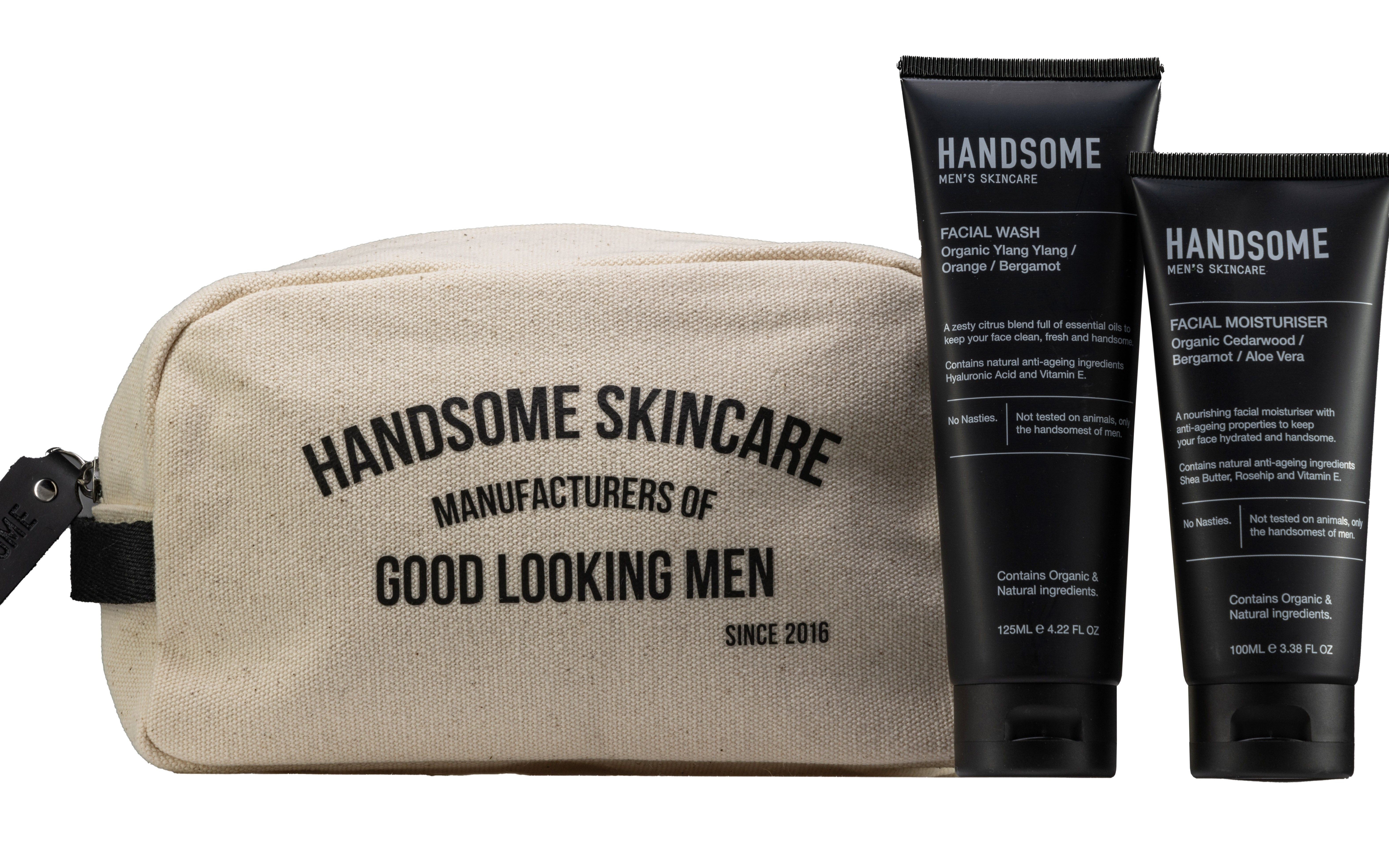 Handsome Essentials Set: printed canvas wash bag beside facial wash and daily moisturiser black tubes