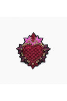 Embroidered sacred heart brooch in raspberry red with fuchsia pink flames at the top