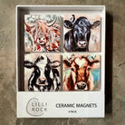 Boxed set of four ceramic magnets painted with cow portraits - a highland, a black cow, a Friesian and a brown cow with wrens