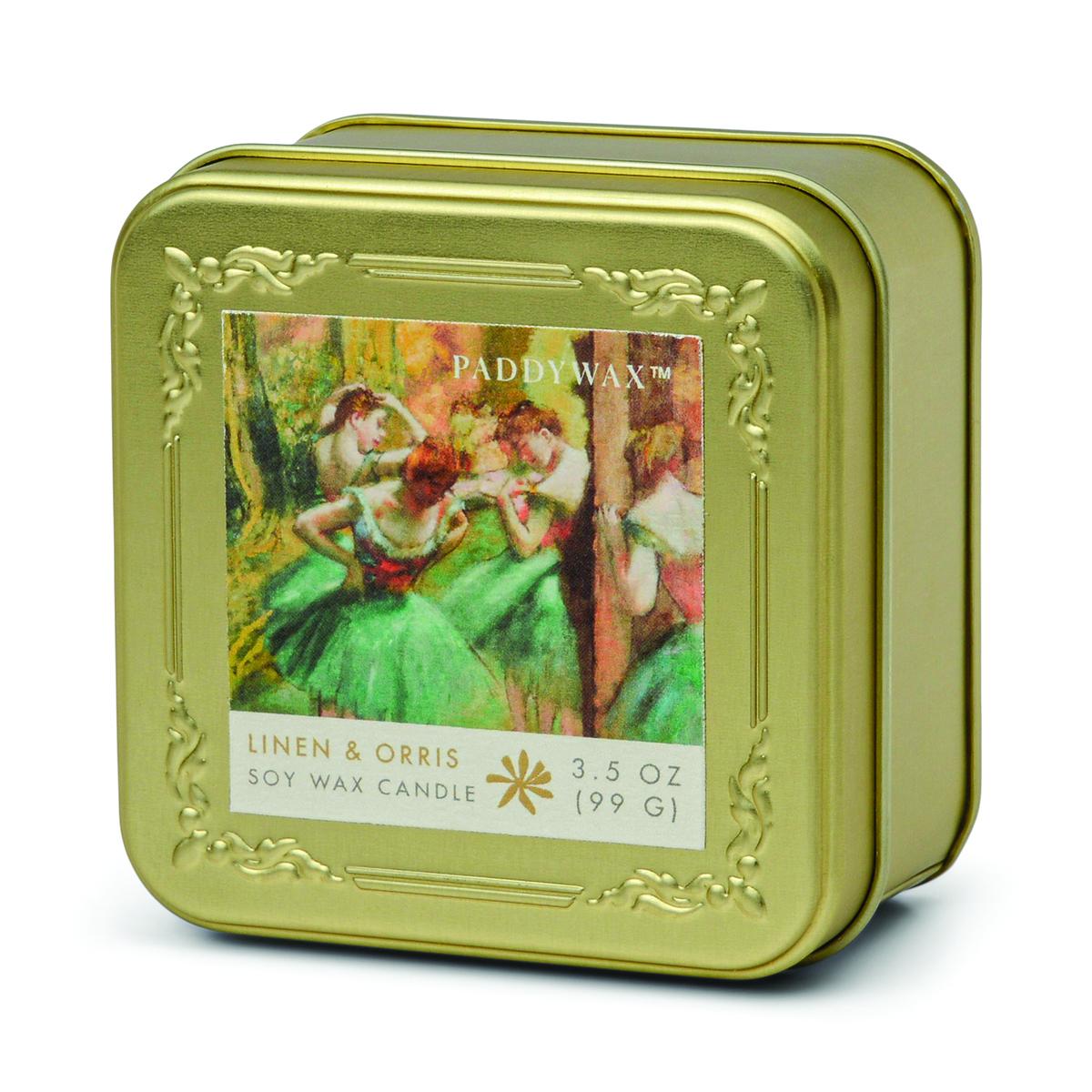 Gold-toned embossed square tin candle printed with Degas's Dancers, Pink and Green, labelled Linen & Orris soy wax candle, 3.5 oz.