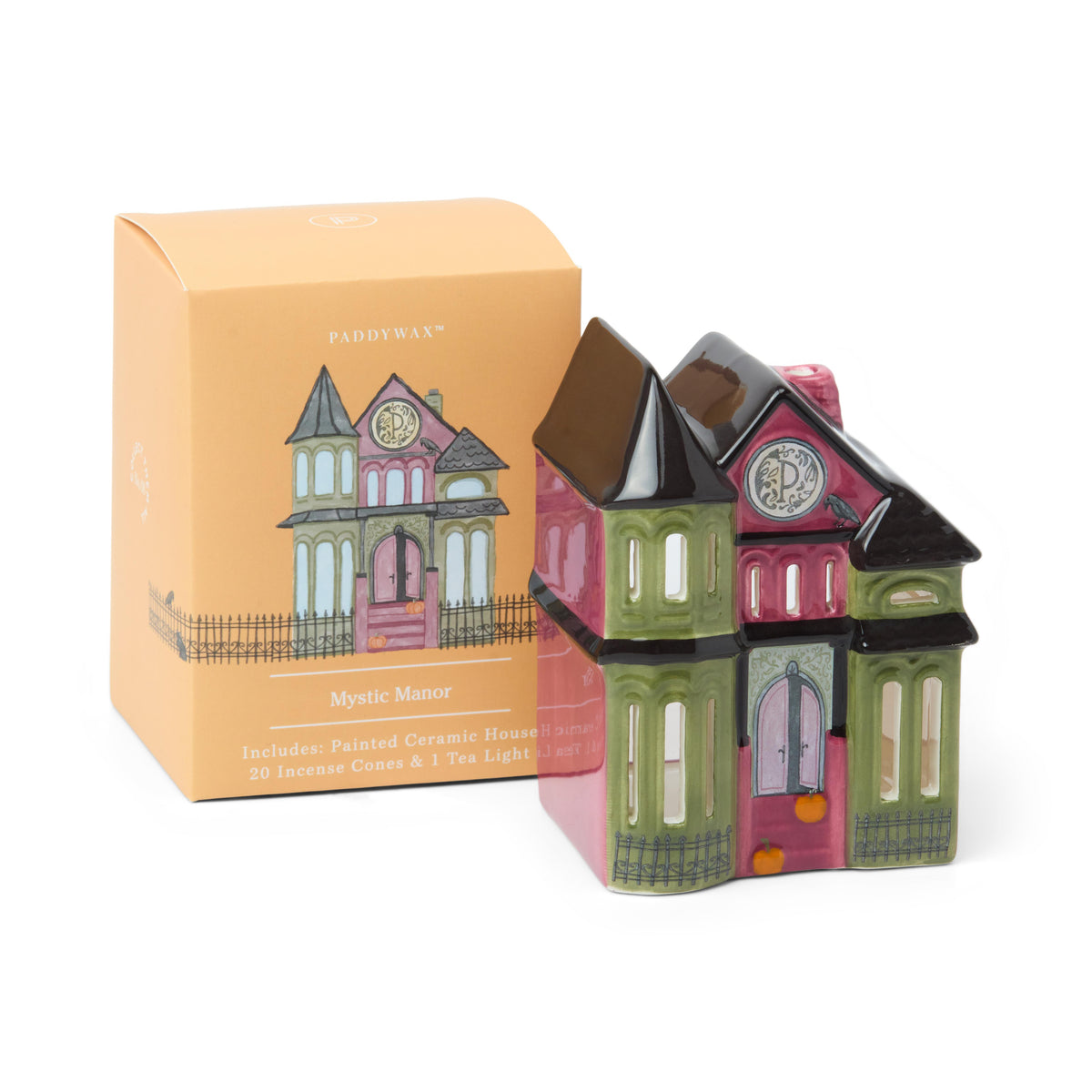 Close view of the painted manor from the front corner, a crow on the gable and its box behind.
