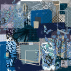 The Betoken print laid flat: blue and teal patchwork panels with butterflies and checks