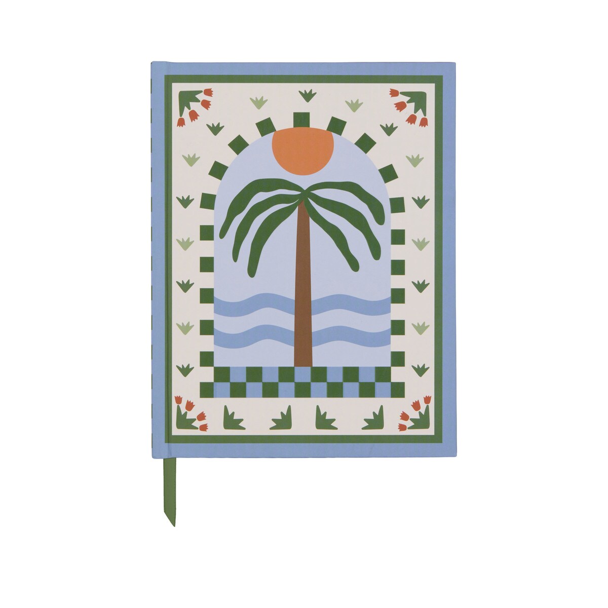 A Dopo journal with a palm tree, orange sun and blue waves inside a green chequered arch