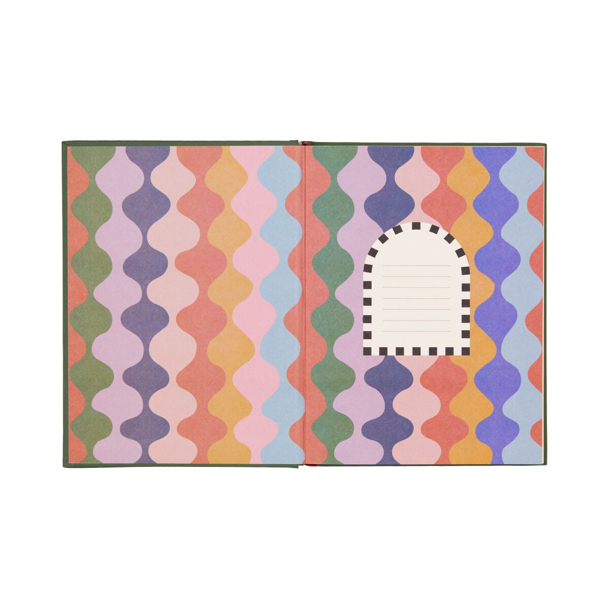 The journal opened to its endpapers, wavy stripes in pink, orange, lilac and green