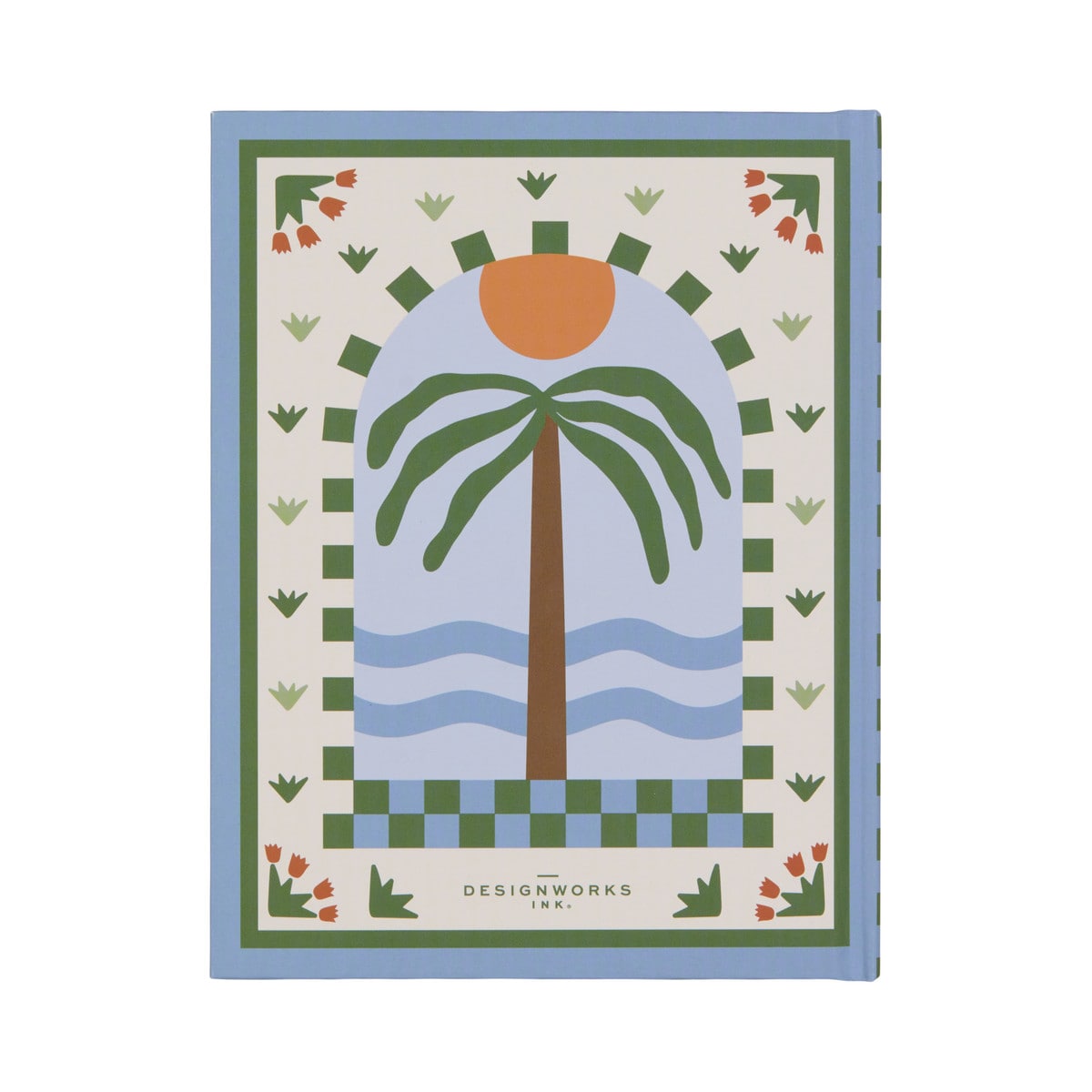 Front cover of the palm journal at a slight angle, showing the blue cloth spine