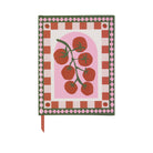 A Dopo journal with a red tomato vine inside a pink arch and a chequered border