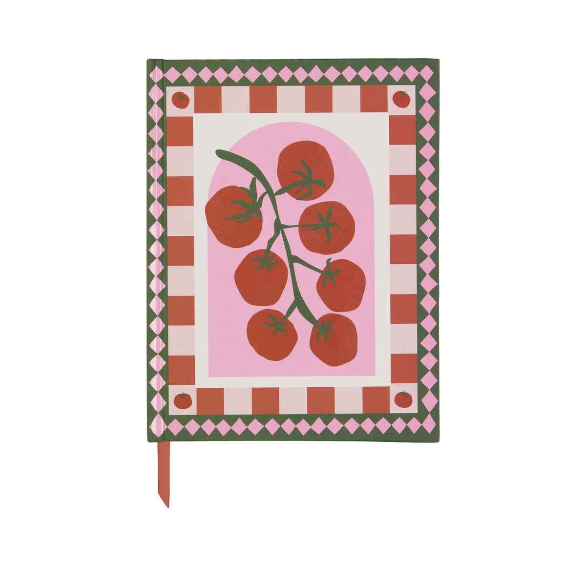 A Dopo journal with a red tomato vine inside a pink arch and a chequered border