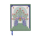 A Dopo journal with two peacocks and an urn of red flowers under a sage arch, a navy ribbon