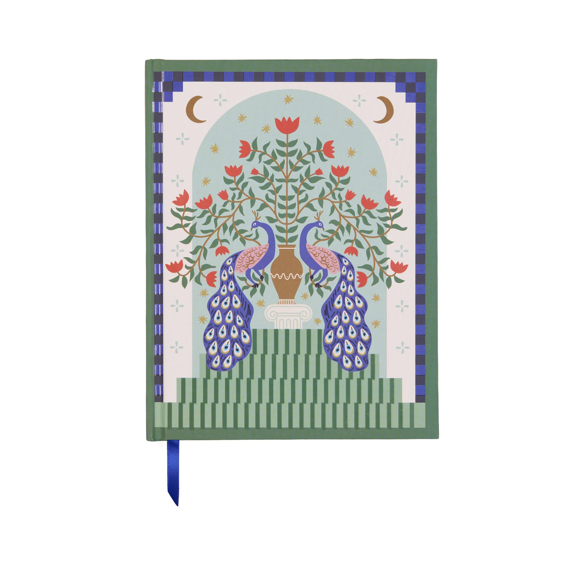 A Dopo journal with two peacocks and an urn of red flowers under a sage arch, a navy ribbon