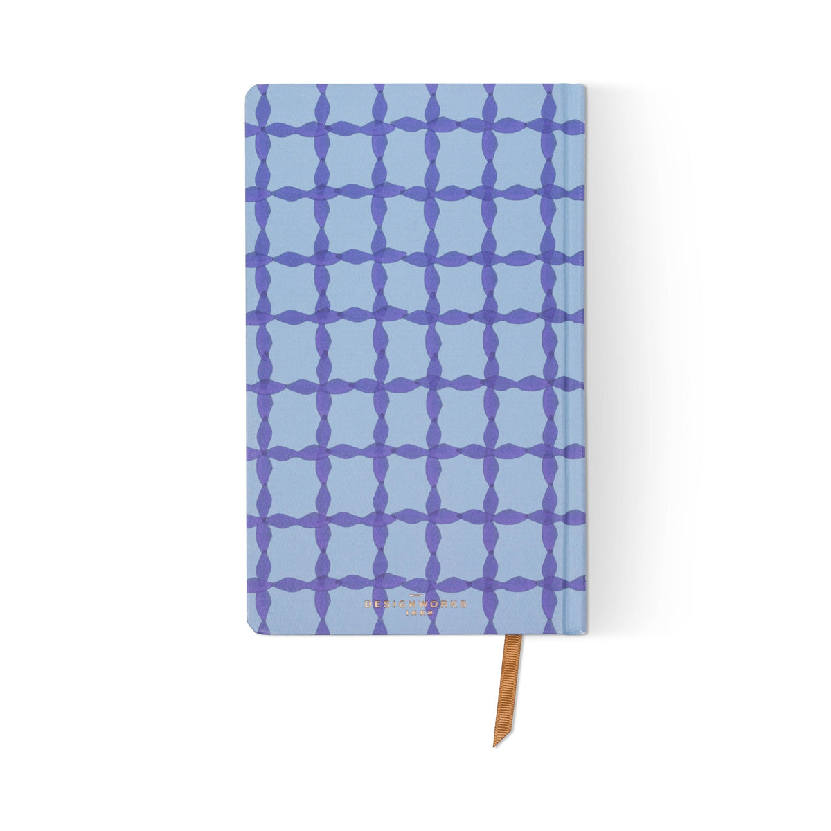 The back cover in the same blue lattice, with the tan ribbon marker