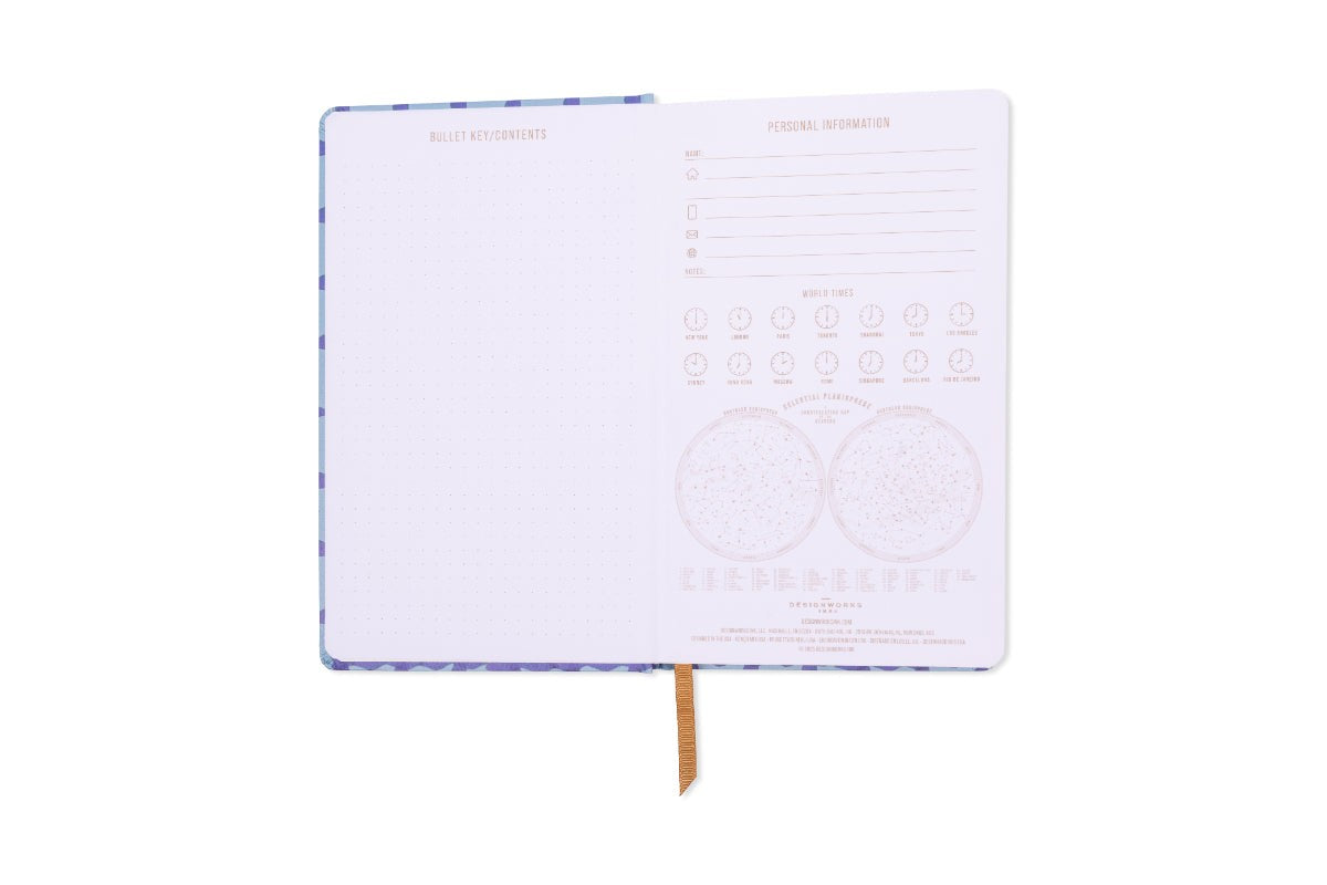 Reference pages: a dotted contents page, personal details, world times and star charts