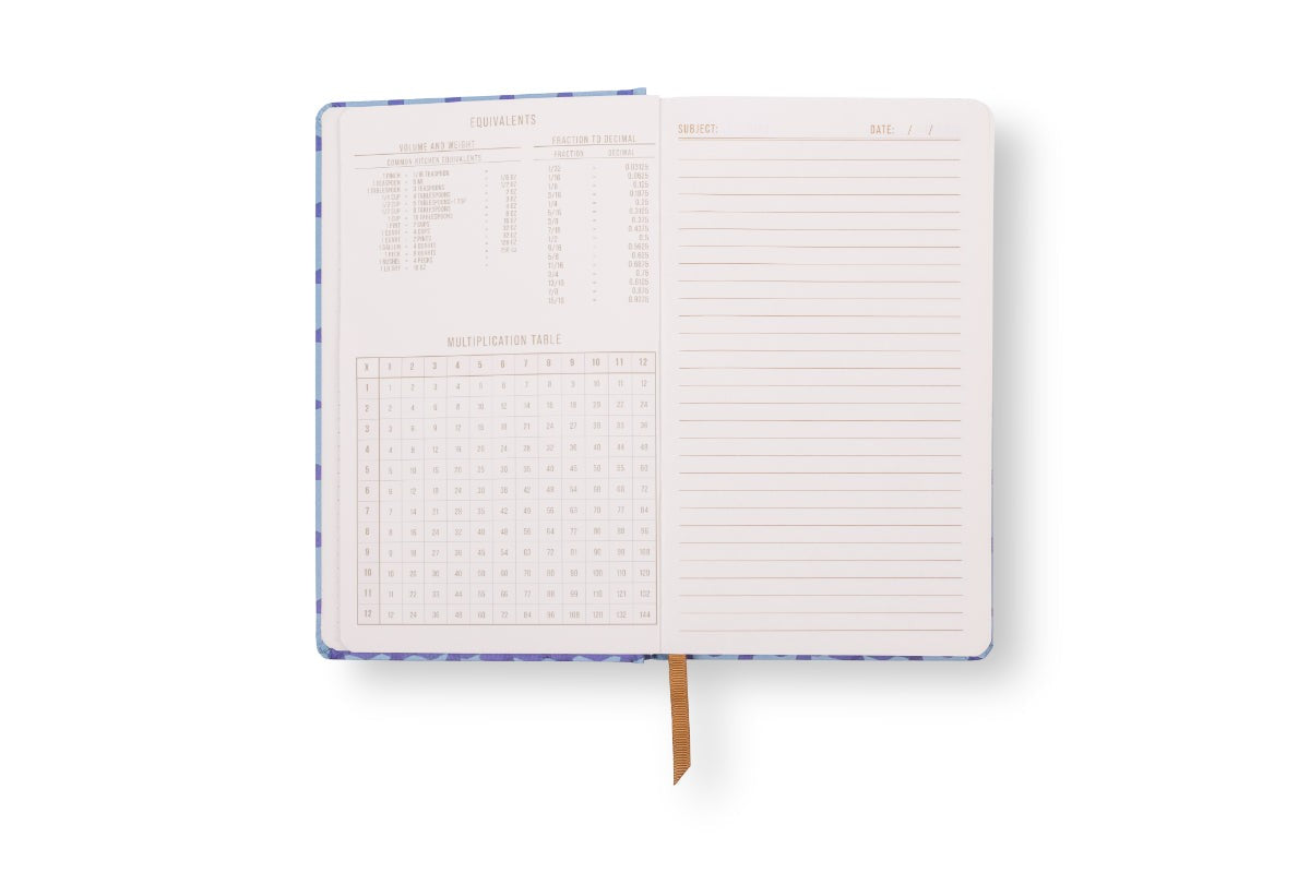Reference pages: kitchen conversions, fractions to decimals and a times table, beside a lined page