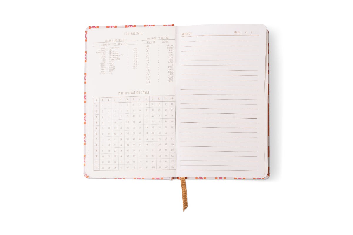 Reference pages: kitchen conversions, fractions to decimals and a times table, beside a lined page