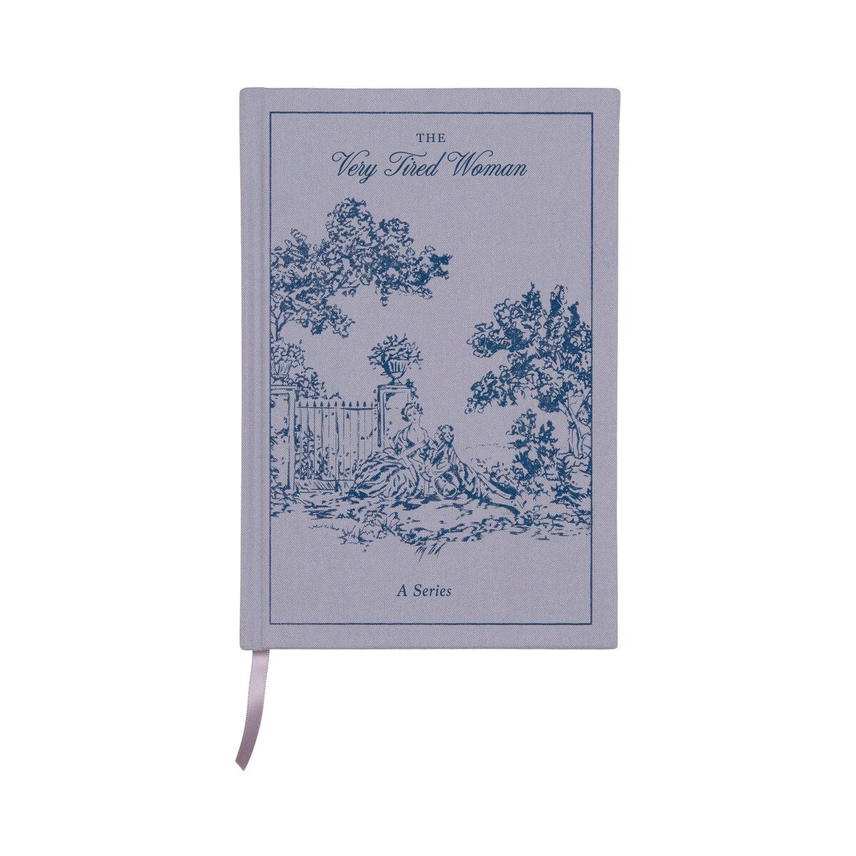 Lilac bookcloth journal printed with blue toile and titled The Very Tired Woman